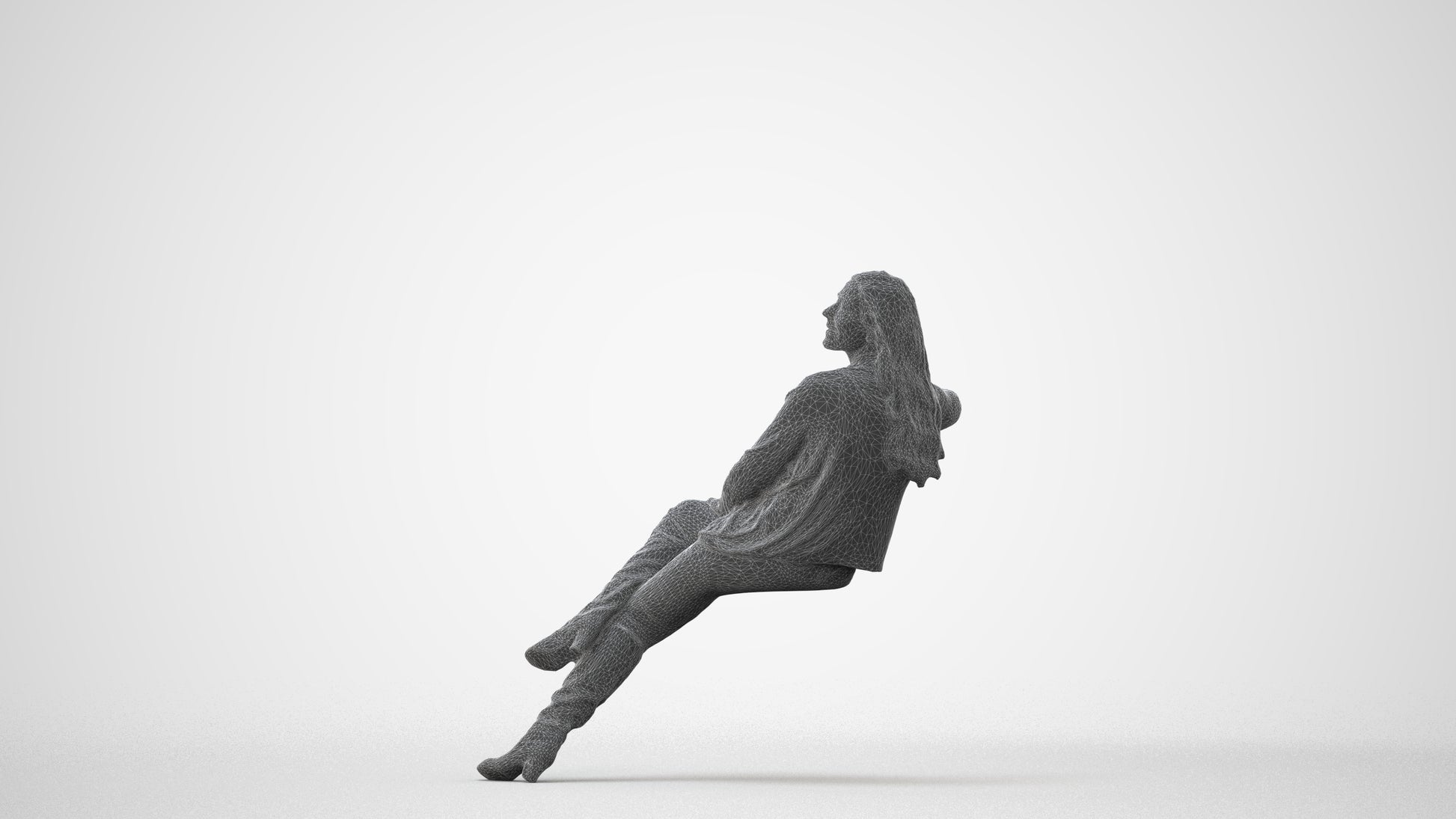 3D human model woman casual sitting, photogrammetry scanned person for archviz, square thumbnail