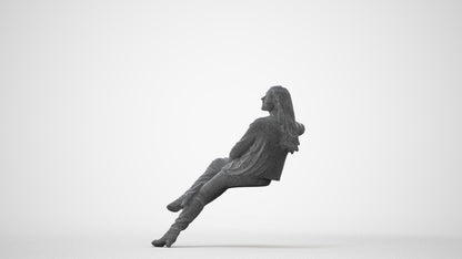 3D human model woman casual sitting, photogrammetry scanned person for archviz, square thumbnail