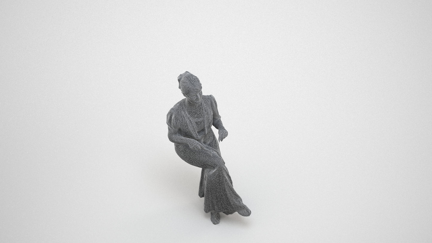 realistic 3D people woman casual sitting, render-ready for V-Ray and Corona, FBX OBJ, wireframe three-quarter view
