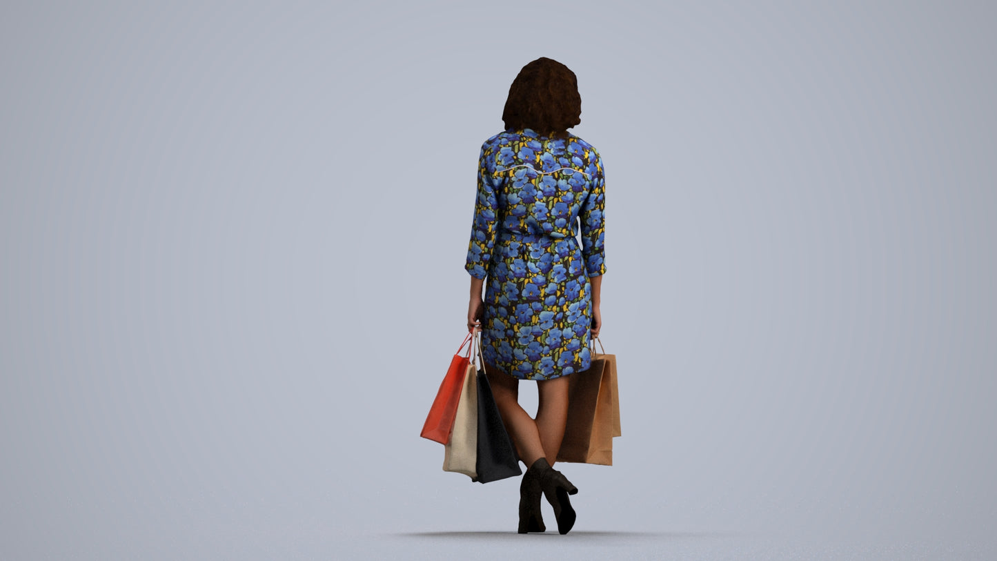 3D human model woman casual shopping, photogrammetry scanned person for archviz, front view render