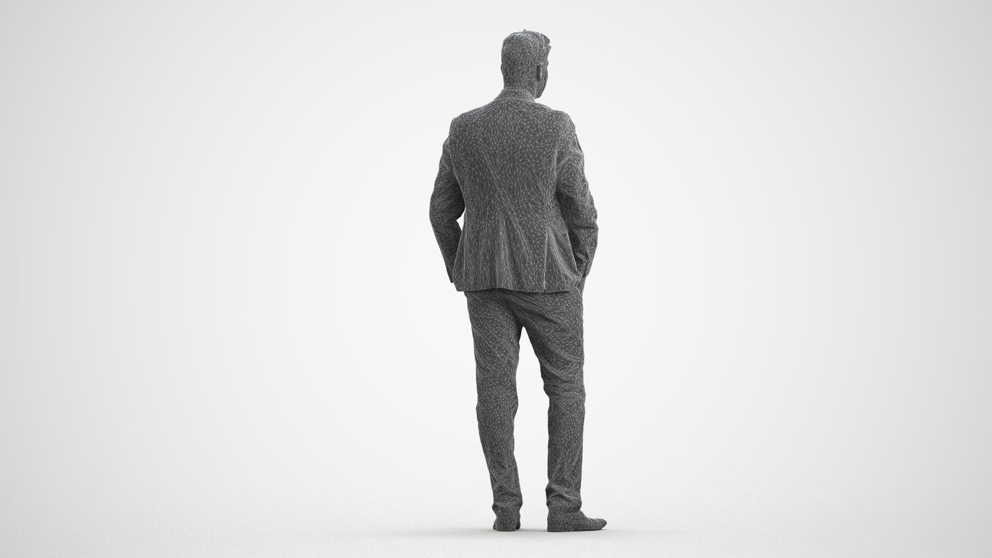 realistic 3D man business standing, scanned archviz people for Blender and 3ds Max, wireframe front view