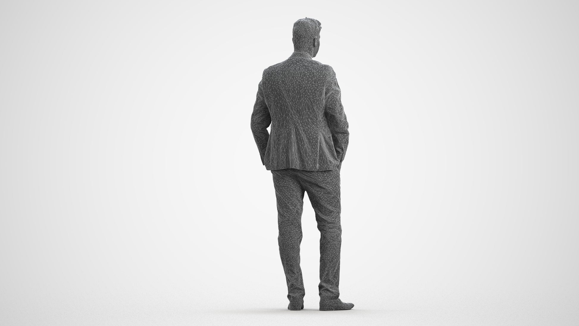 realistic 3D man business standing, scanned archviz people for Blender and 3ds Max, wireframe front view