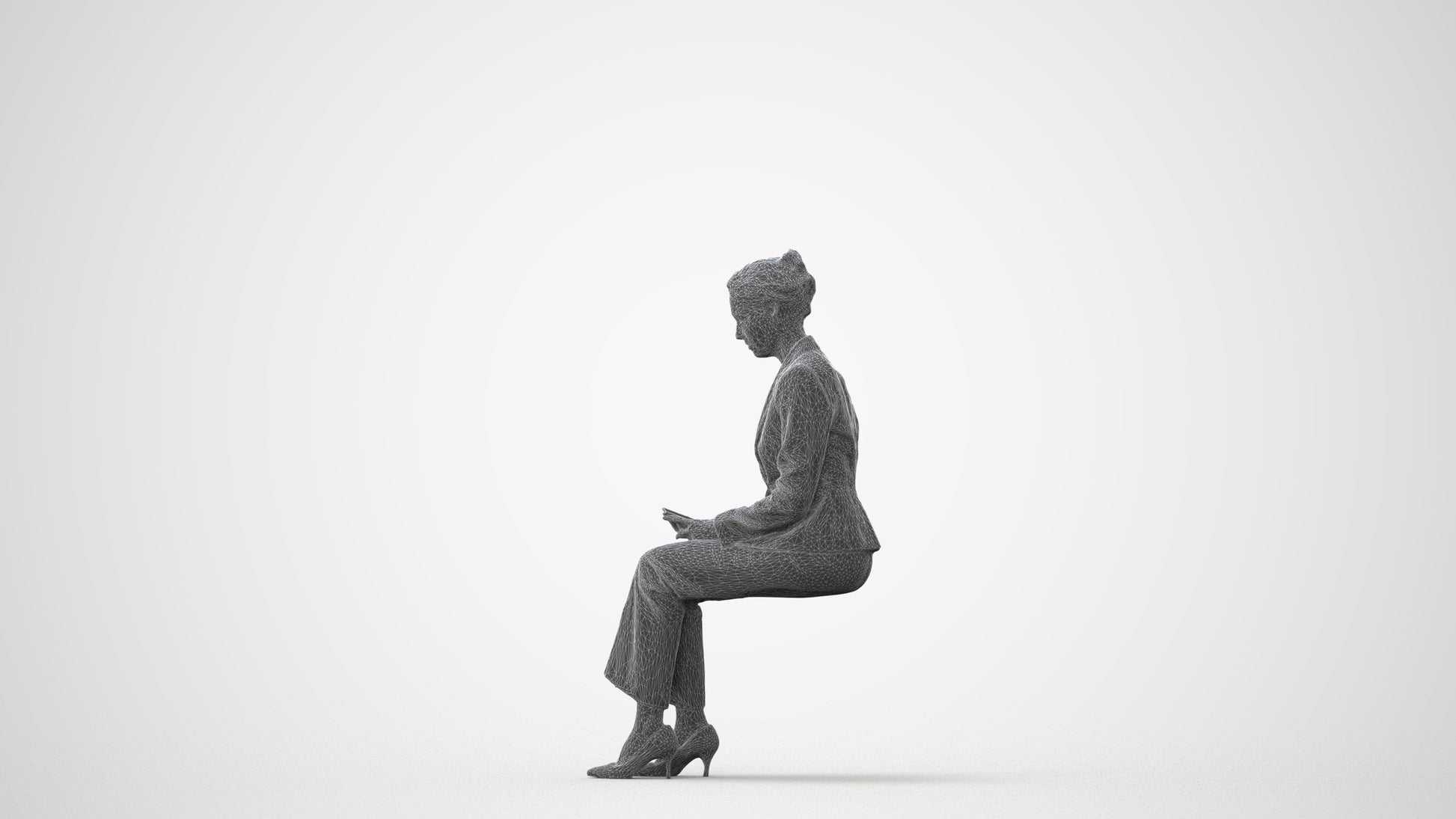 photogrammetry 3D woman business sitting, realistic human model archviz FBX, square thumbnail