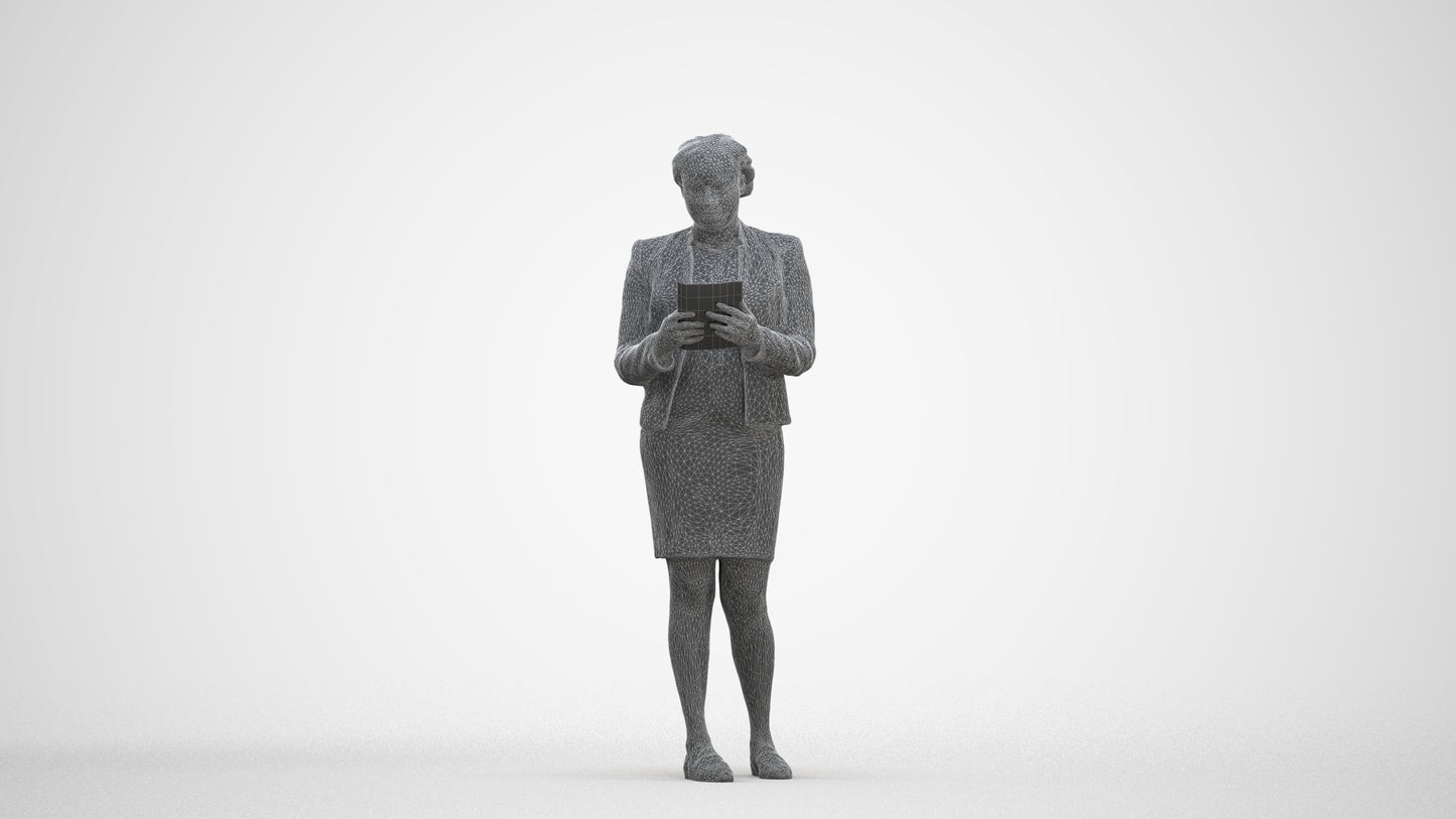 3D human model woman business standing, photogrammetry scanned person for archviz, three-quarter front view render