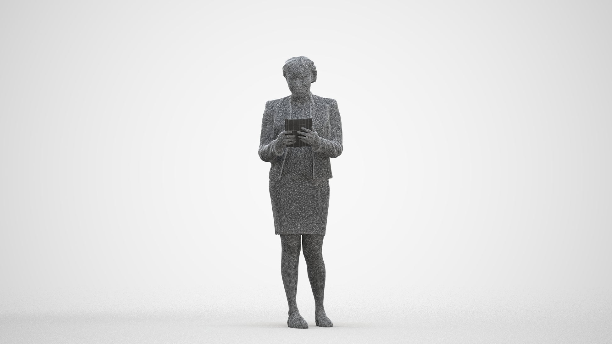 3D human model woman business standing, photogrammetry scanned person for archviz, three-quarter front view render