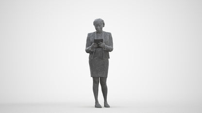 3D human model woman business standing, photogrammetry scanned person for archviz, three-quarter front view render