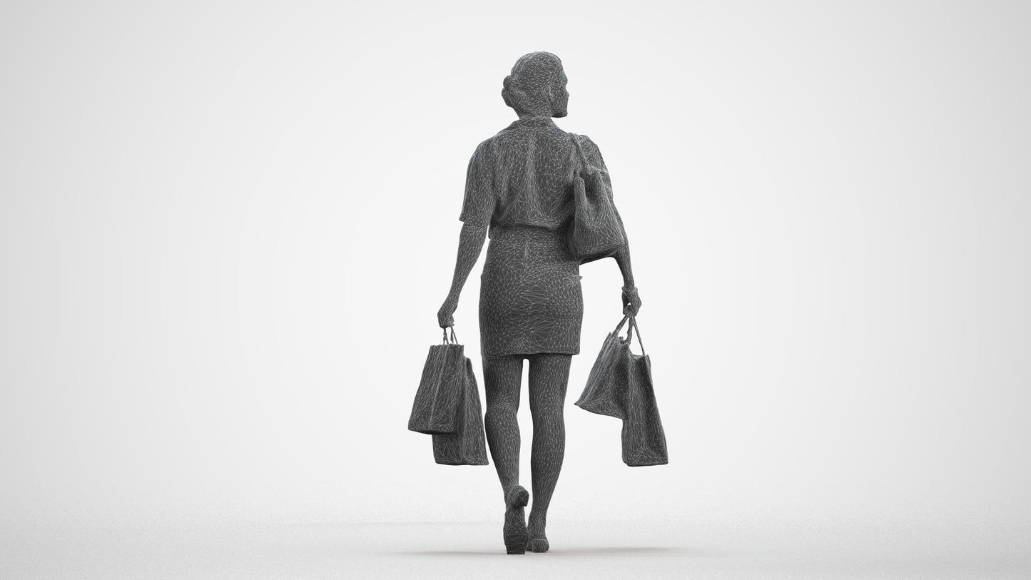 realistic 3D woman casual shopping, scanned archviz people for Blender and 3ds Max, wireframe front view
