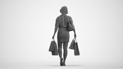 realistic 3D woman casual shopping, scanned archviz people for Blender and 3ds Max, wireframe front view