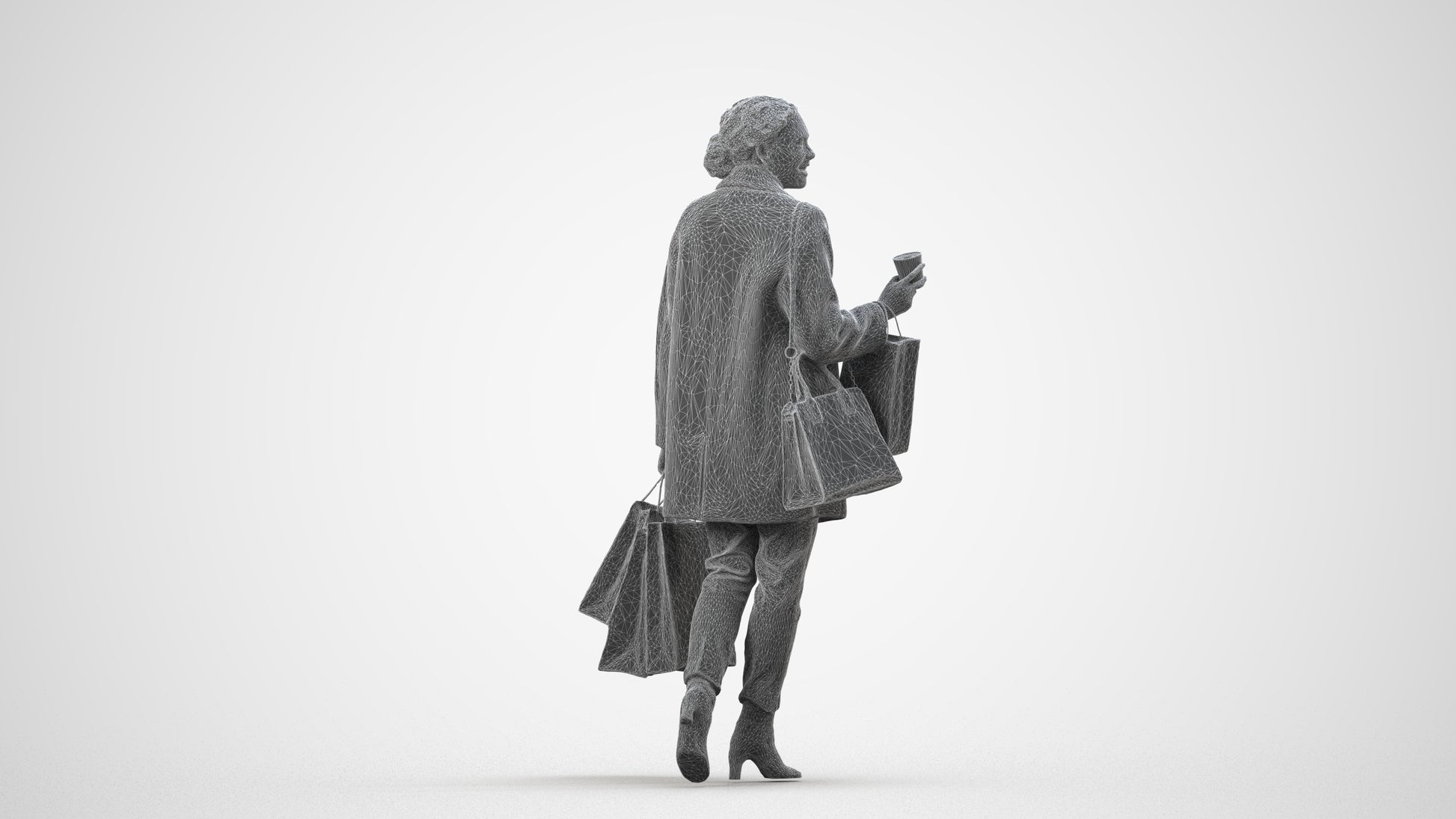 realistic 3D woman business shopping, scanned archviz people for Blender and 3ds Max, wireframe side view