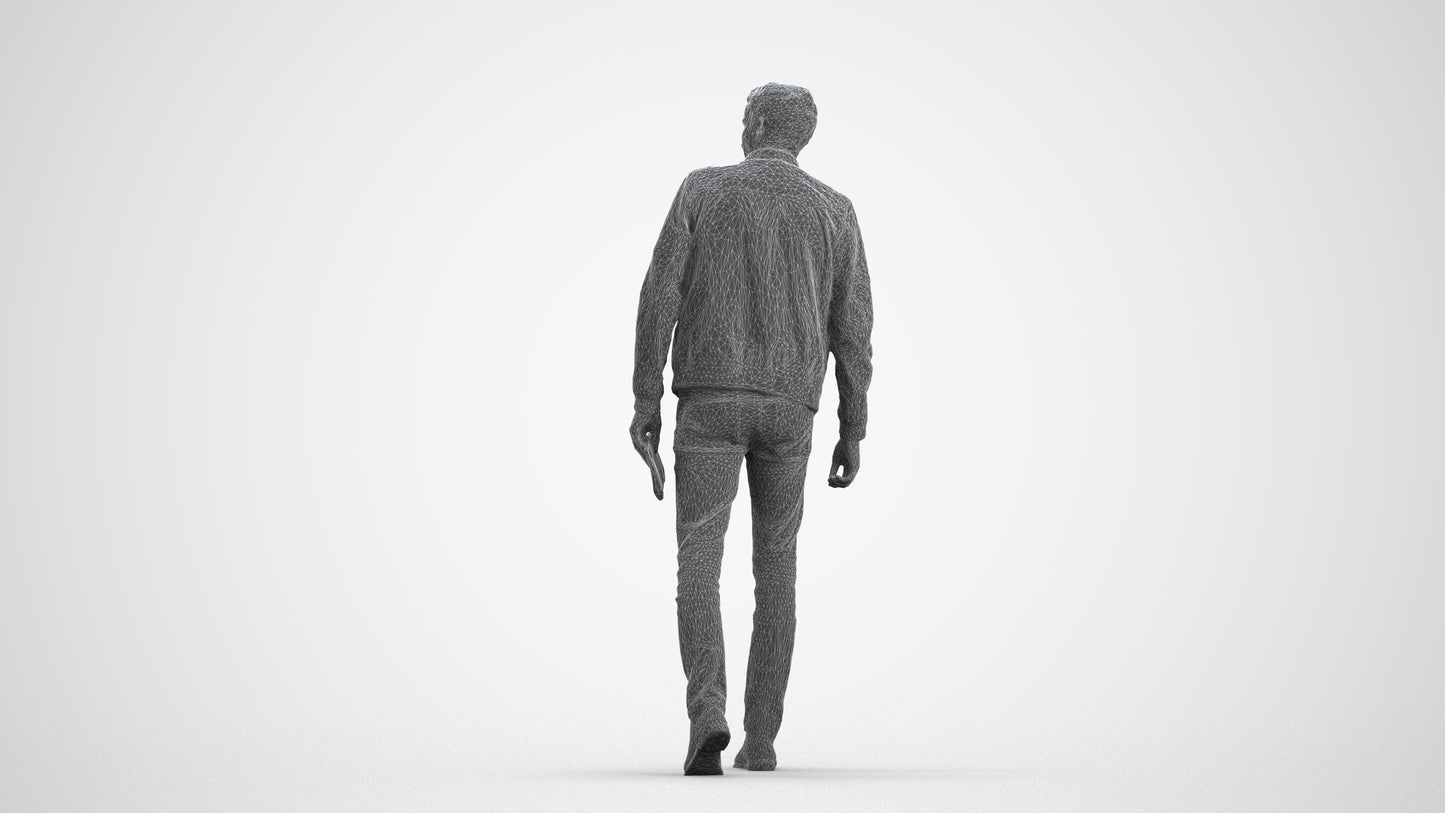 3D people model man casual walking, scanned human for 3ds Max rendering, wireframe front view