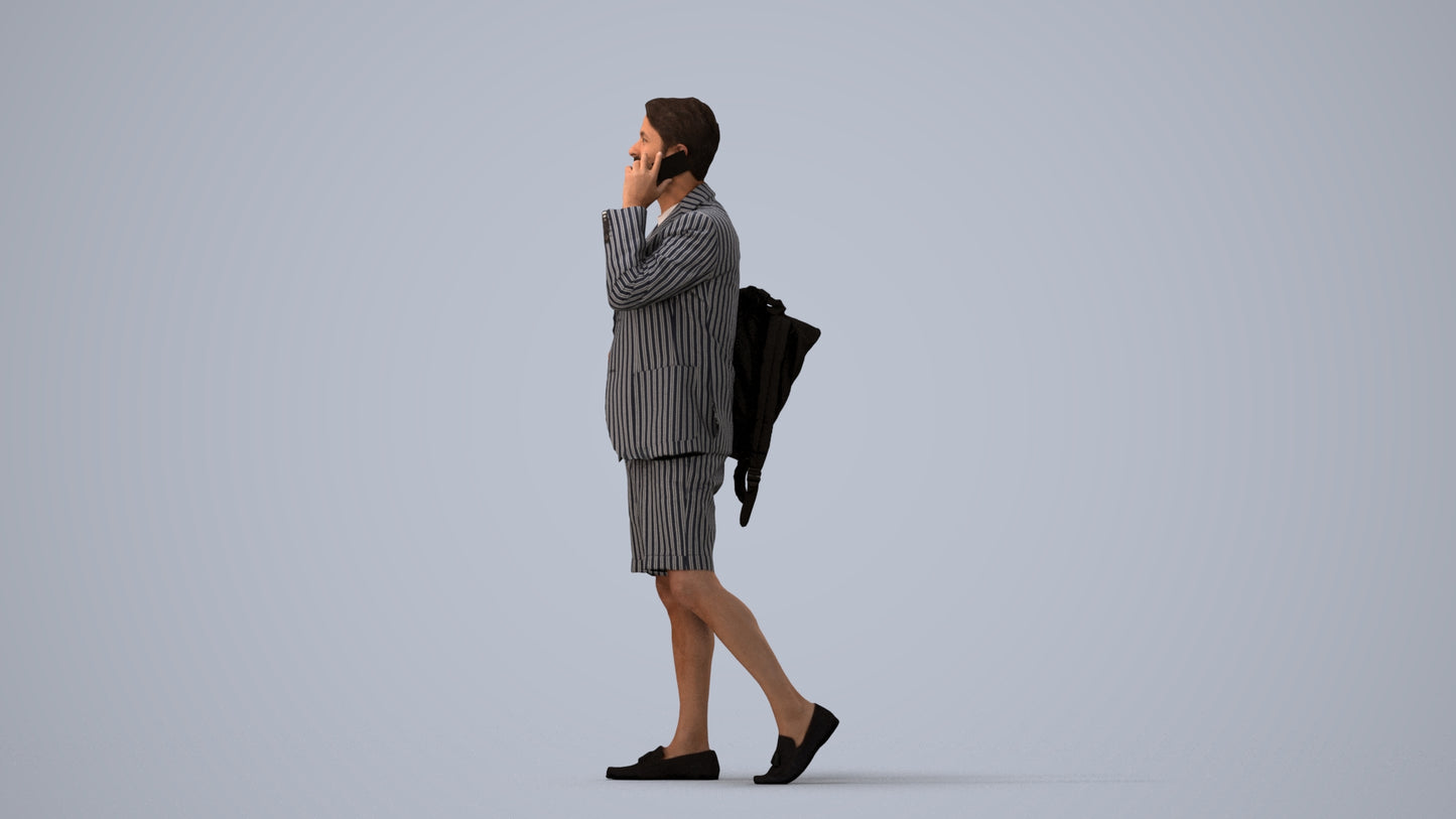 3D human model man business walking, photogrammetry scanned person for archviz, three-quarter view render