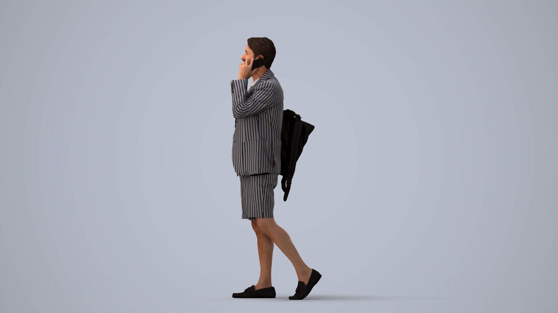 3D human model man business walking, photogrammetry scanned person for archviz, three-quarter view render