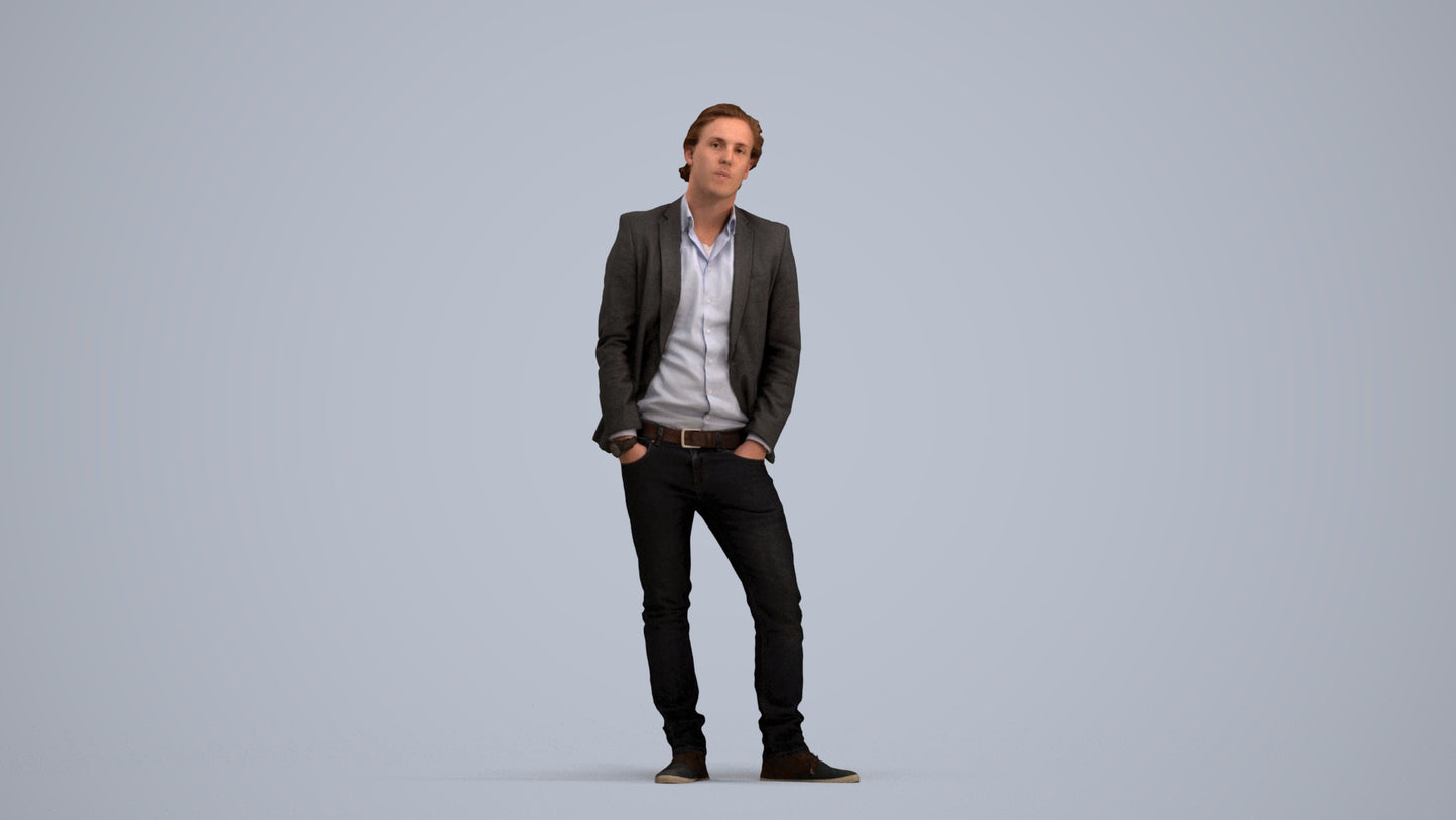 3D human model man business standing, photogrammetry scanned person for archviz, standing pose render
