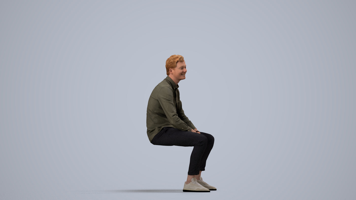 realistic 3D man casual sitting, scanned archviz people for Blender and 3ds Max, side view render