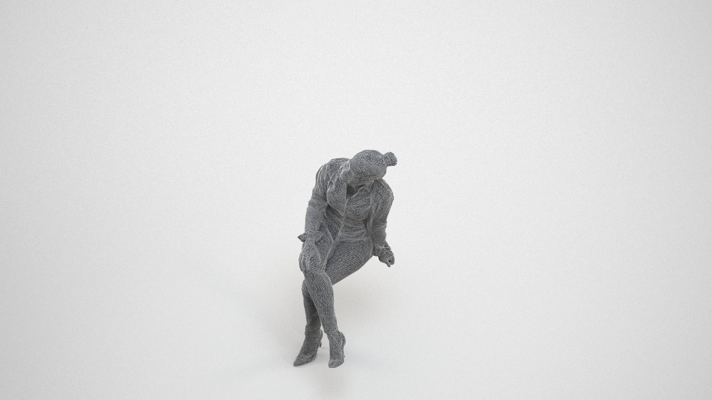 scanned 3D woman business sitting, photogrammetry people for Enscape and V-Ray, wireframe three-quarter view