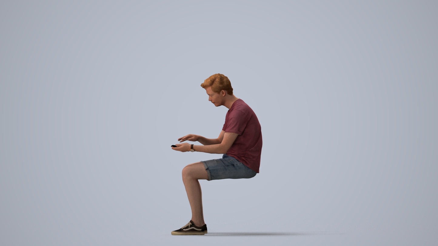3D human model man casual sitting, photogrammetry scanned person for archviz, three-quarter view render