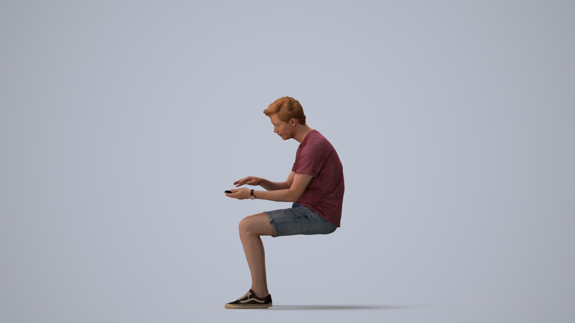 3D human model man casual sitting, photogrammetry scanned person for archviz, three-quarter view render