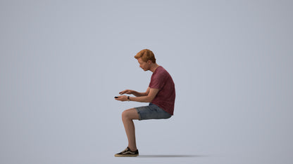 3D human model man casual sitting, photogrammetry scanned person for archviz, three-quarter view render