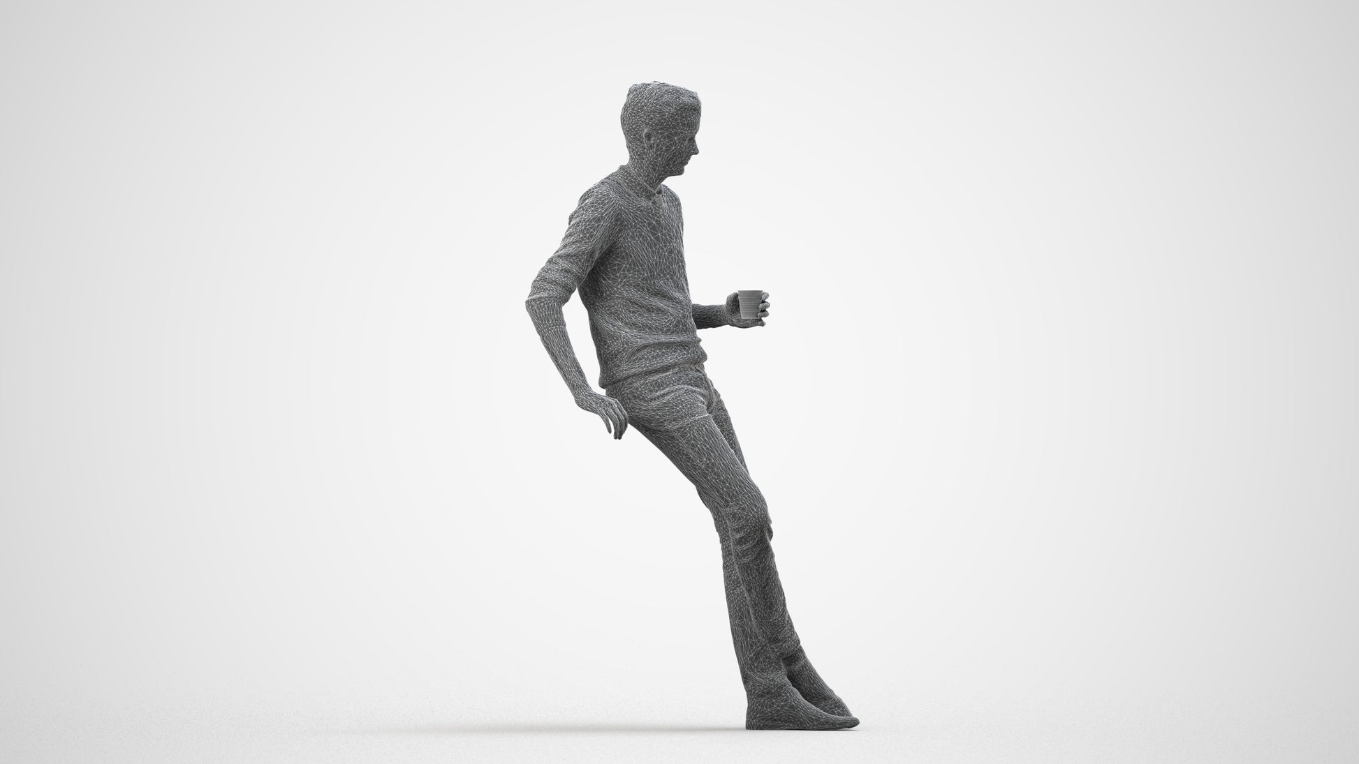 realistic 3D human man casual sitting, archviz people FBX OBJ for Blender, wireframe side view