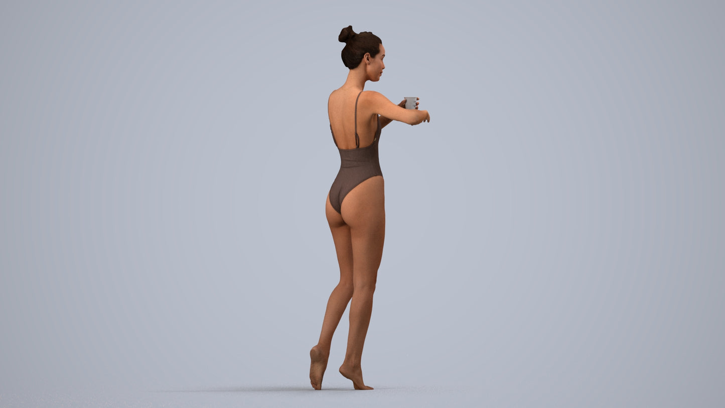 3D people model woman pool, scanned human for 3ds Max rendering, side view render