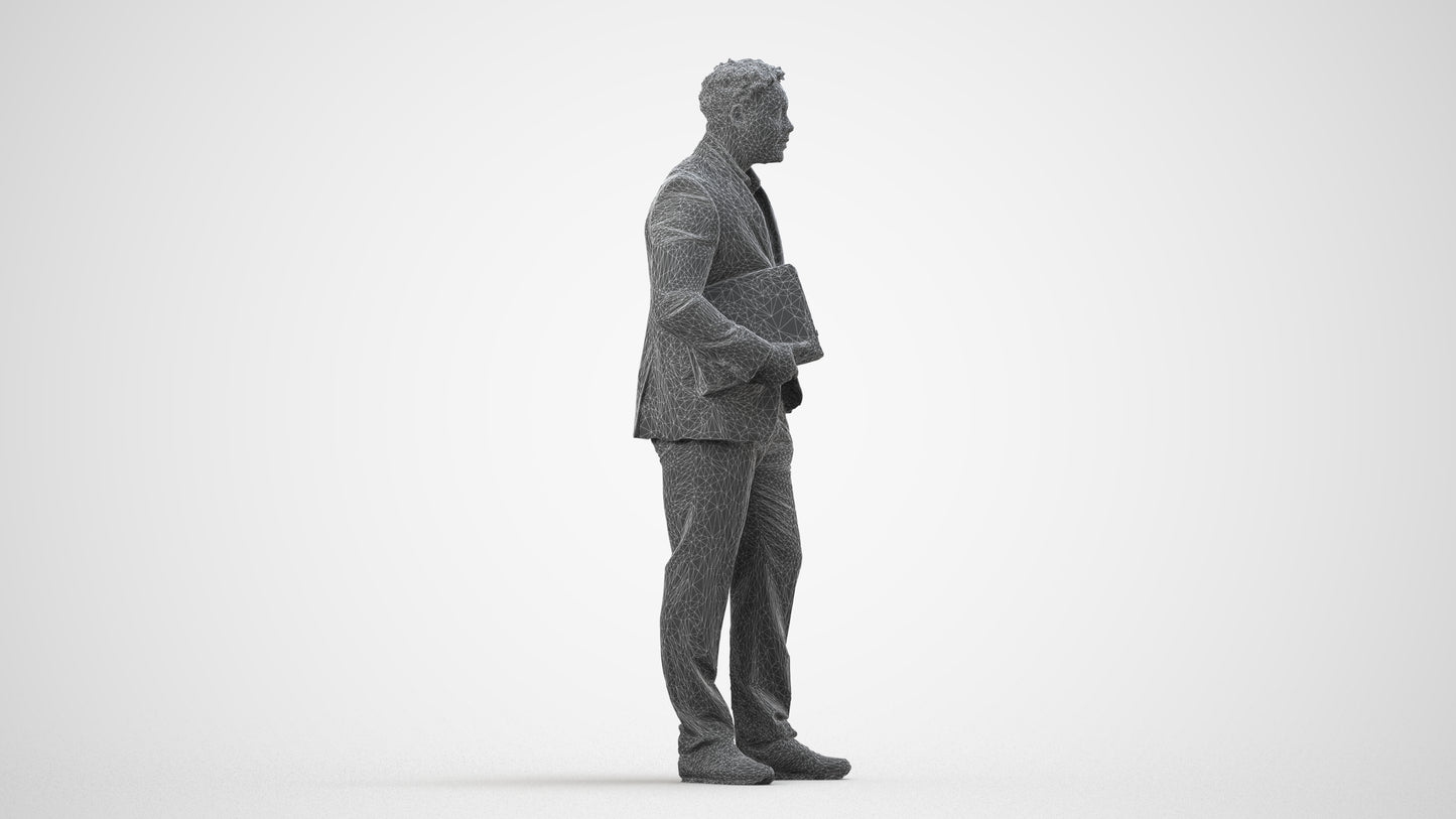 3D people model man business, scanned human for 3ds Max rendering, wireframe side view