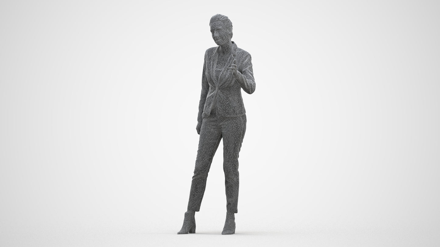 3D human model woman business, photogrammetry scanned person for archviz, three-quarter front view render
