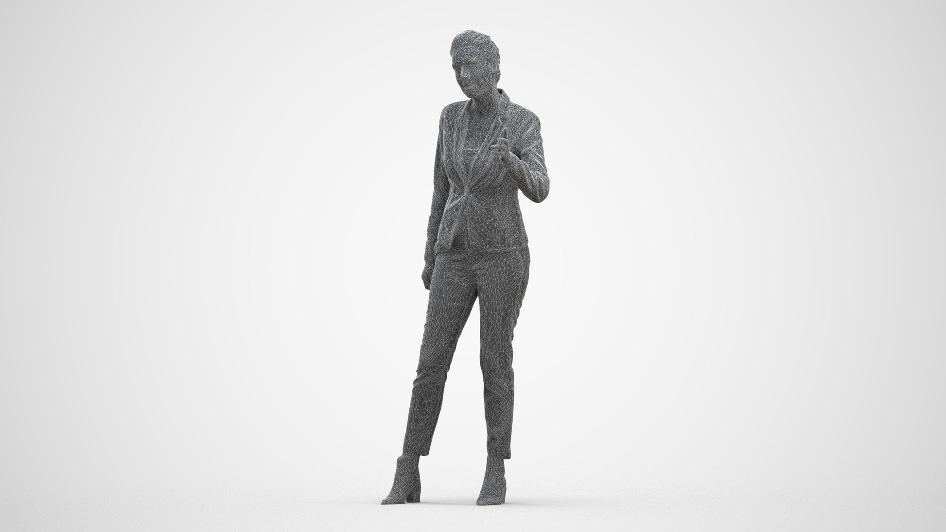 3D human model woman business, photogrammetry scanned person for archviz, three-quarter front view render