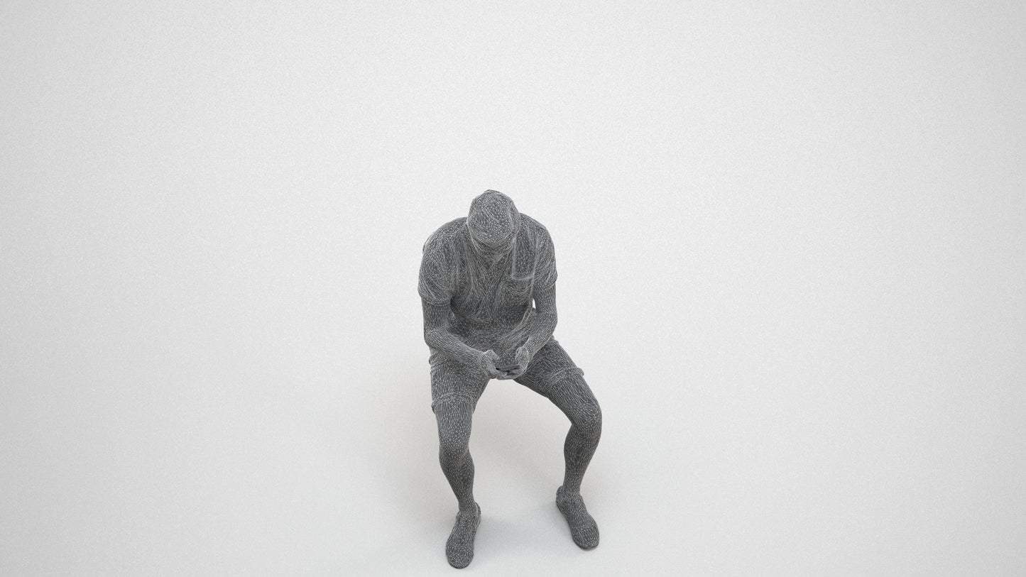 3D scanned man sitting casual, photorealistic archviz people for Enscape and SketchUp, wireframe three-quarter view