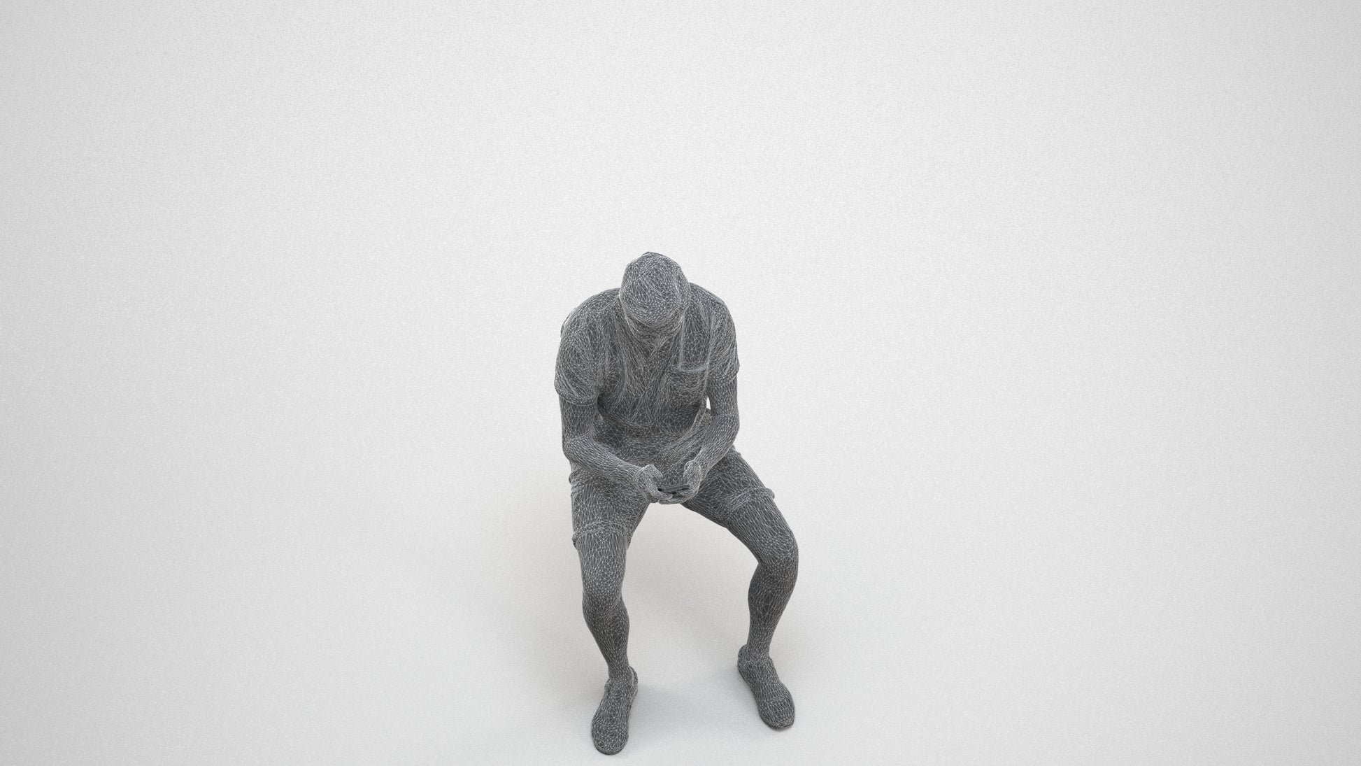 3D scanned man sitting casual, photorealistic archviz people for Enscape and SketchUp, wireframe three-quarter view