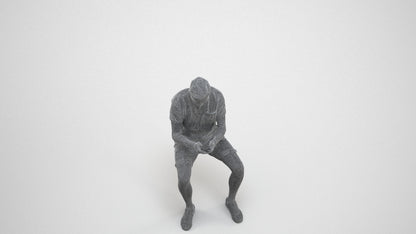 3D scanned man sitting casual, photorealistic archviz people for Enscape and SketchUp, wireframe three-quarter view