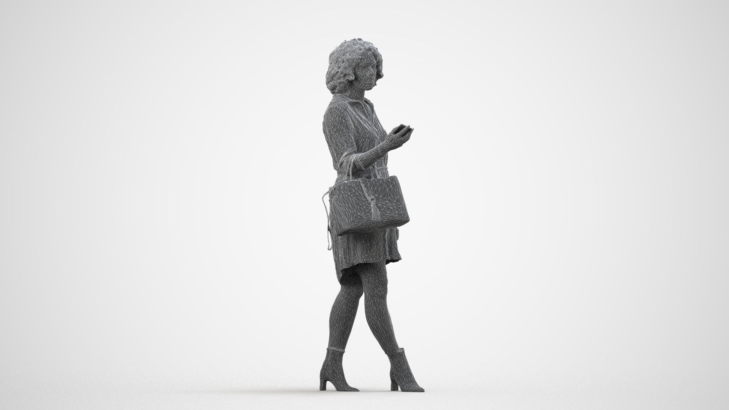 photogrammetry 3D woman casual walking, realistic human model archviz FBX, wireframe side view