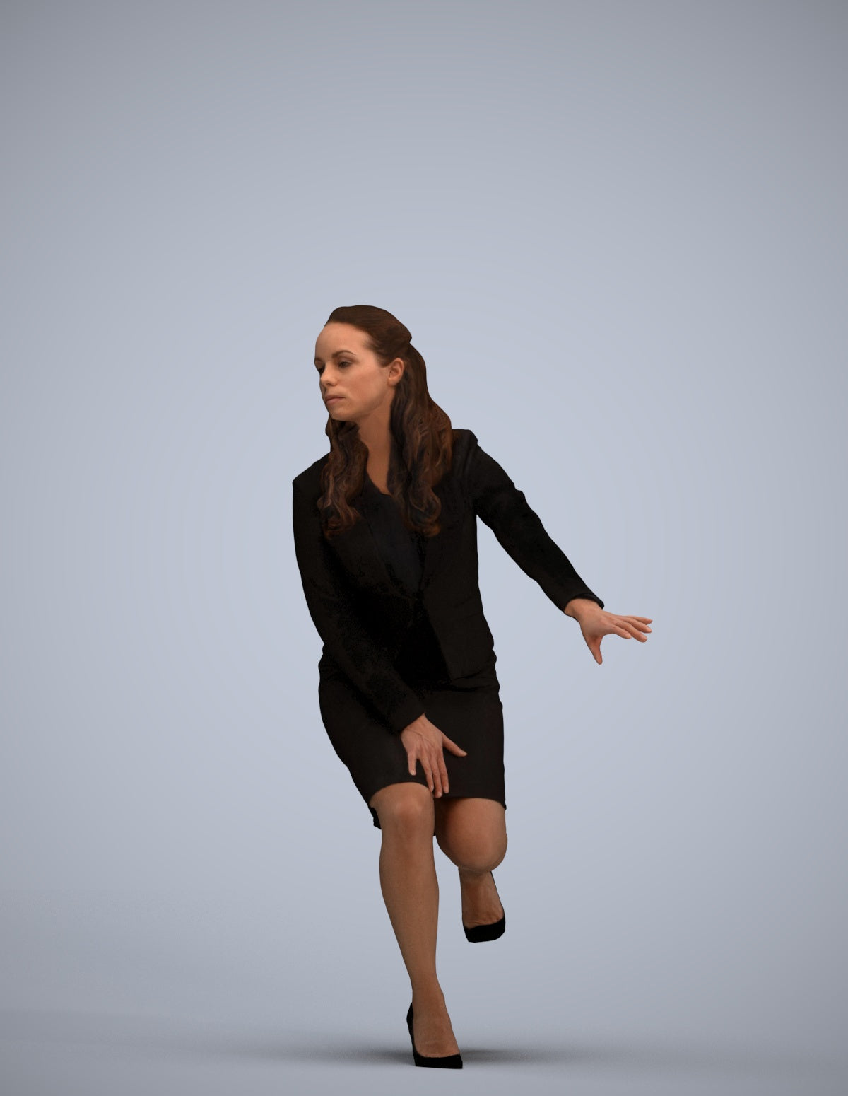 3D human model woman business sitting, photogrammetry scanned person for archviz