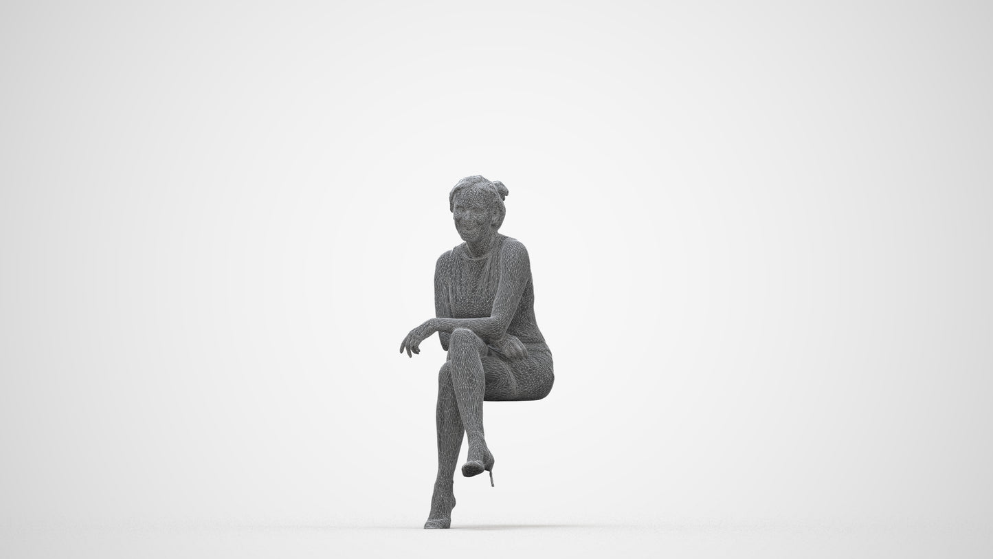 scanned 3D woman casual sitting, photogrammetry people for Enscape and V-Ray, wireframe back view
