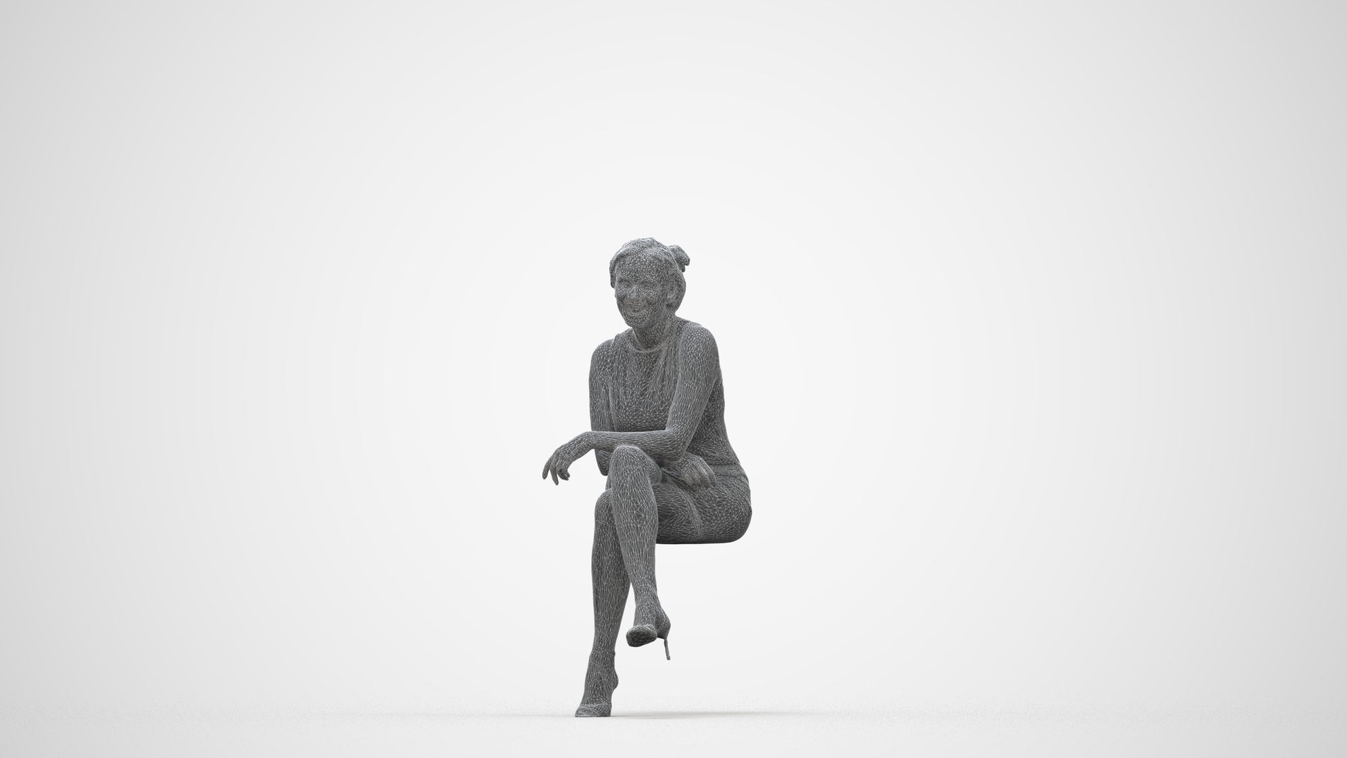 scanned 3D woman casual sitting, photogrammetry people for Enscape and V-Ray, wireframe back view