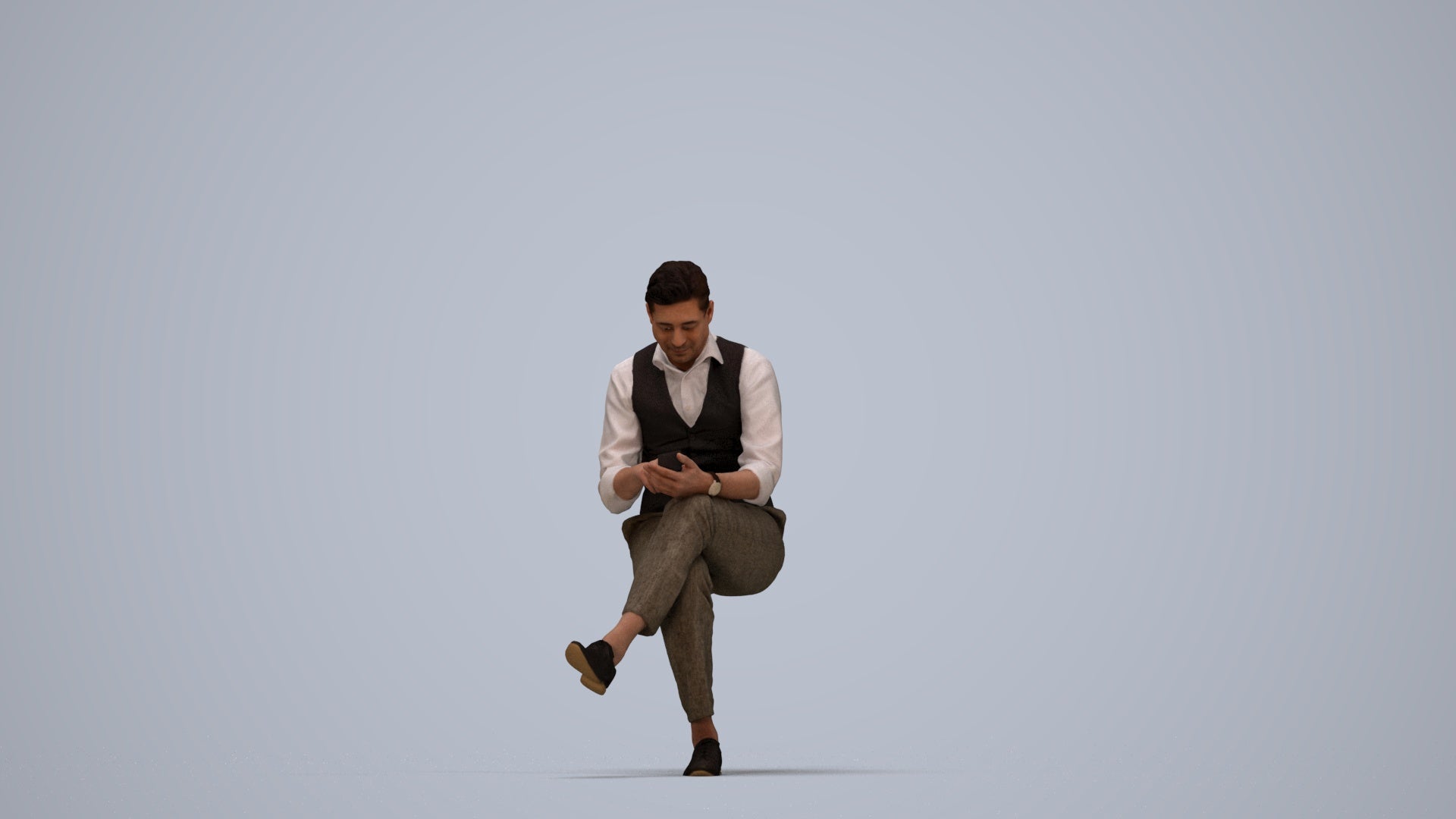photogrammetry 3D man business sitting, realistic human model archviz FBX, top-down view render