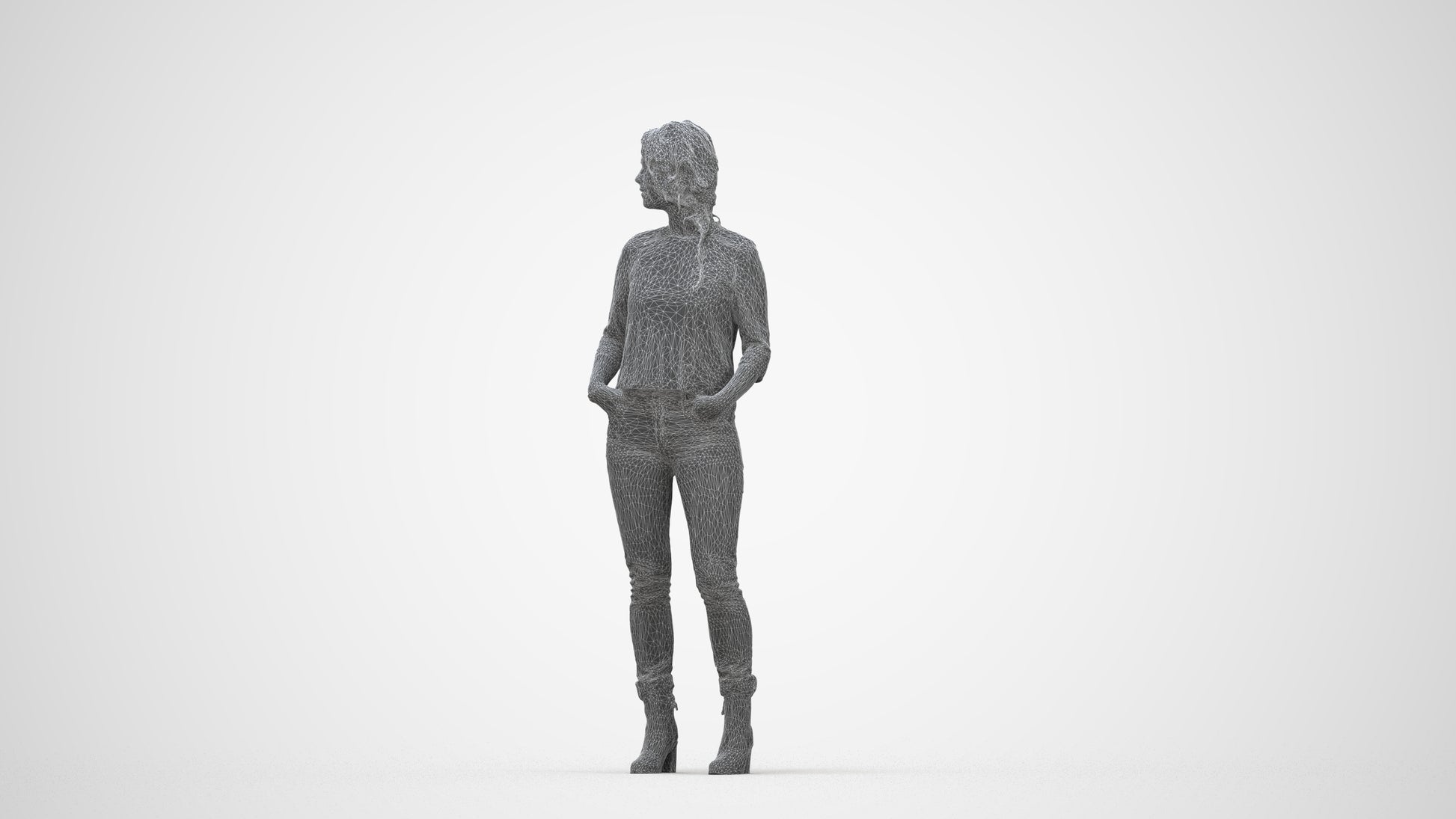 scanned 3D woman casual standing, photogrammetry people for Enscape and V-Ray, wireframe back view