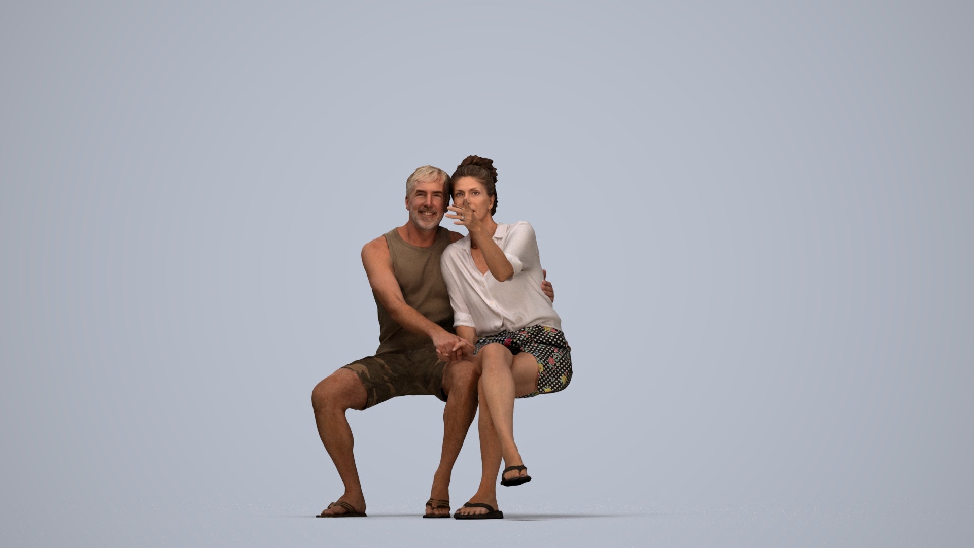 3D human model woman casual couple, photogrammetry scanned person for archviz, top-down view render