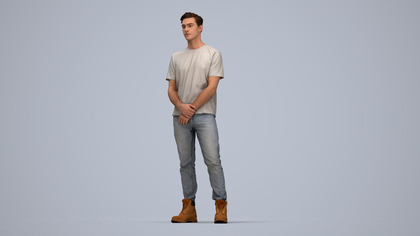 3D human model man casual standing, photogrammetry scanned person for archviz, top-down view render