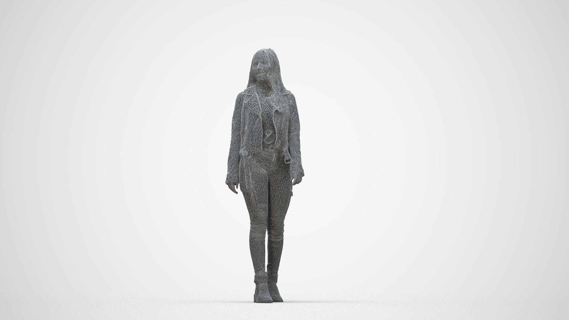 realistic 3D woman casual walking, scanned archviz people for Blender and 3ds Max, wireframe back view