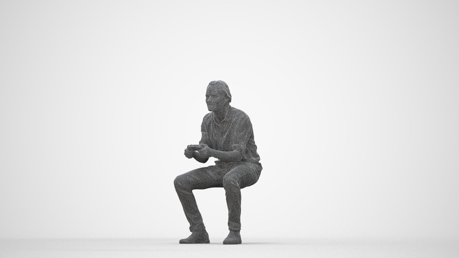 photogrammetry 3D man casual sitting, realistic human model archviz FBX, wireframe back view