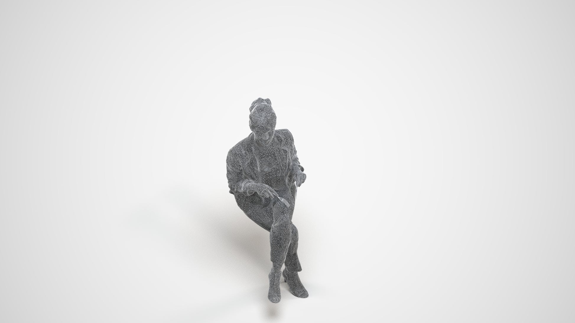 scanned 3D woman business sitting, photogrammetry people for Enscape and V-Ray, wireframe three-quarter view