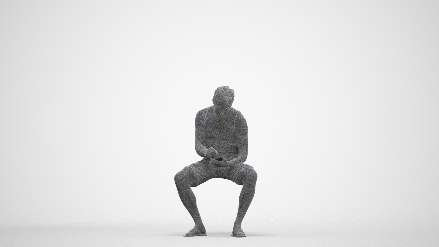 scanned 3D man casual sitting, photogrammetry people for Enscape and V-Ray, three-quarter front view render