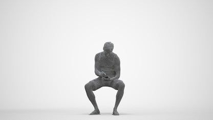 scanned 3D man casual sitting, photogrammetry people for Enscape and V-Ray, three-quarter front view render