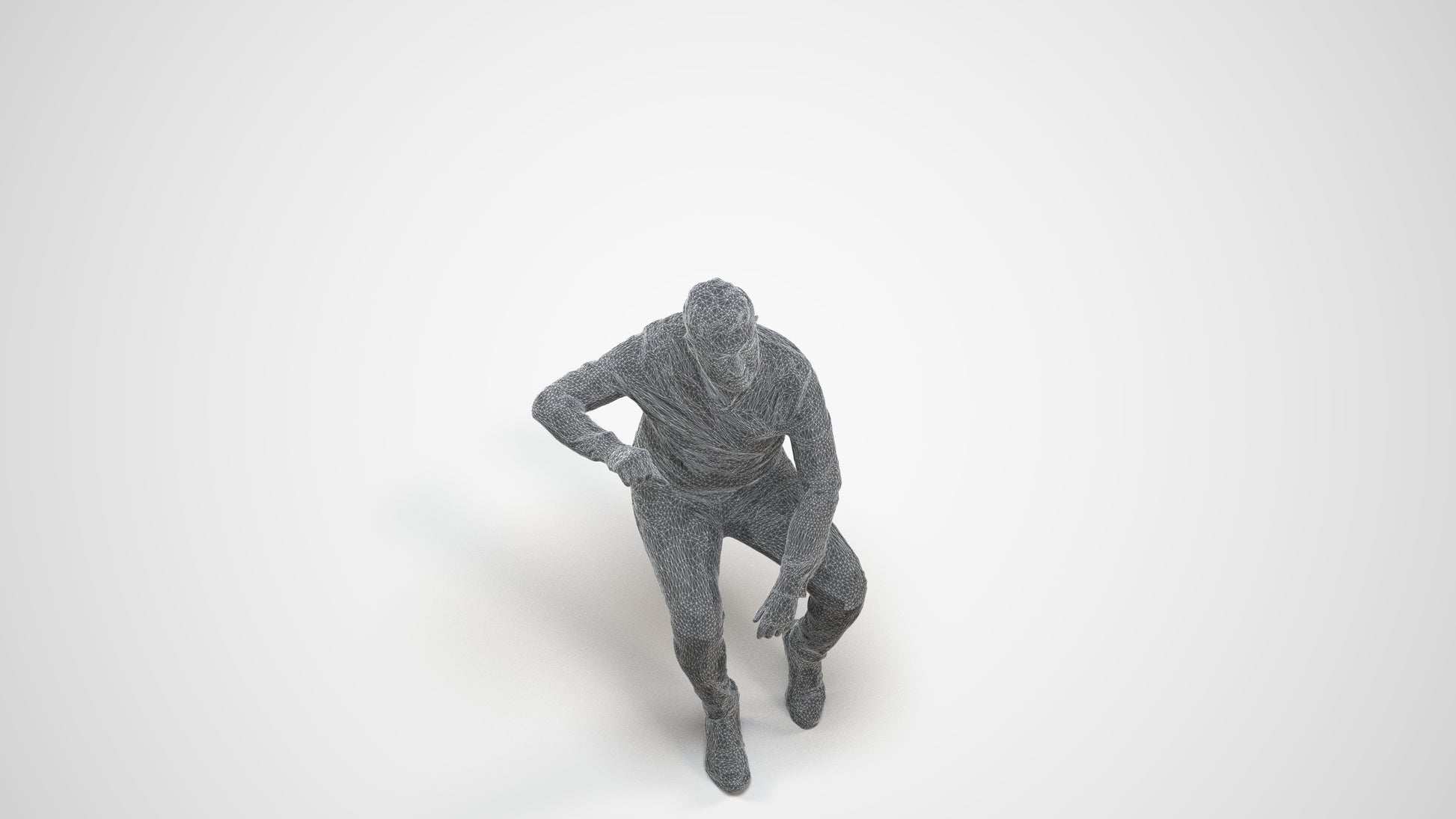 realistic 3D human man casual sitting, archviz people FBX OBJ for Blender, wireframe three-quarter view