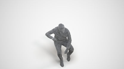 realistic 3D human man casual sitting, archviz people FBX OBJ for Blender, wireframe three-quarter view