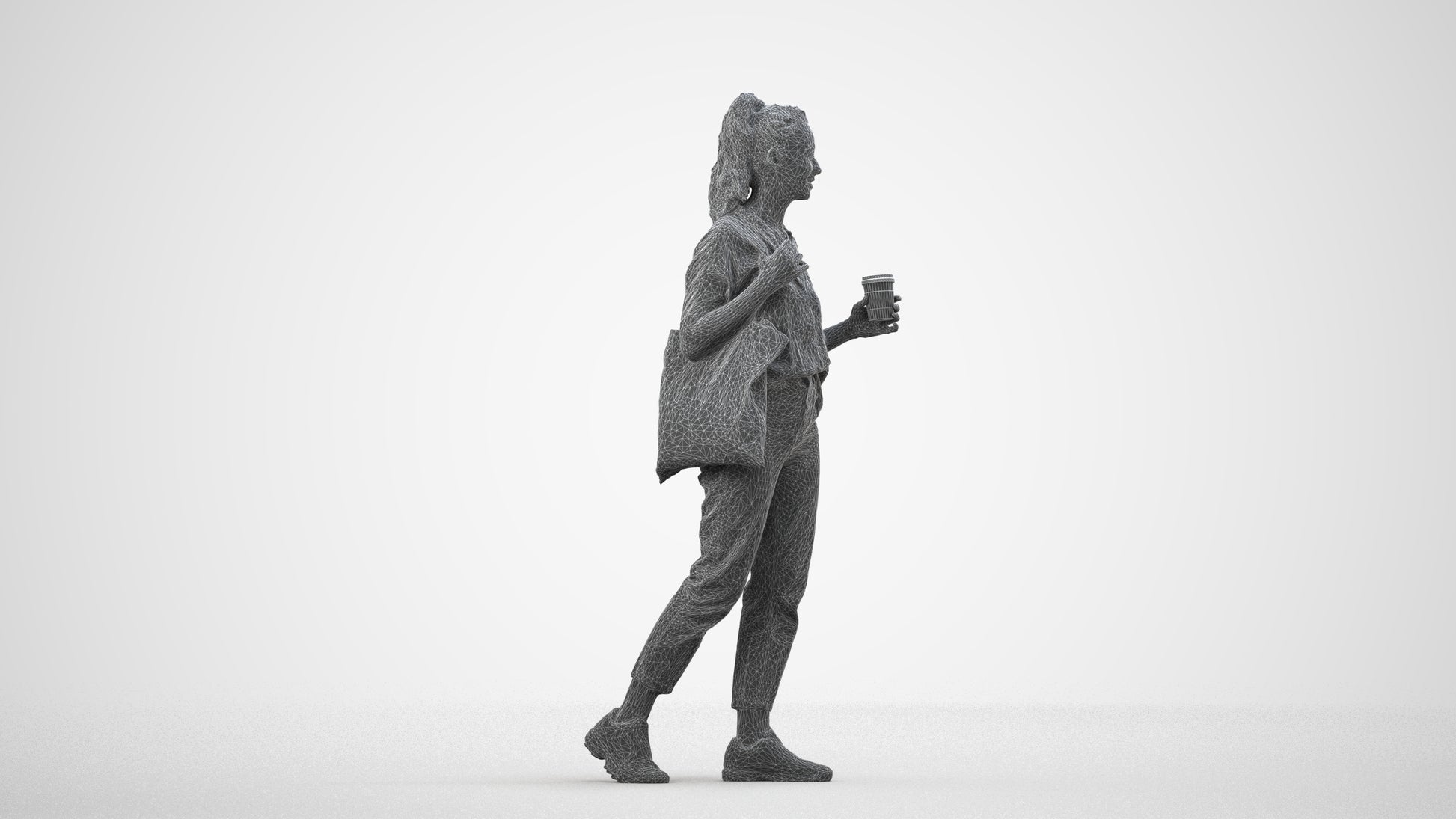 scanned 3D woman casual walking, photogrammetry people for Enscape and V-Ray, wireframe side view