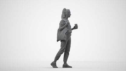 scanned 3D woman casual walking, photogrammetry people for Enscape and V-Ray, wireframe side view