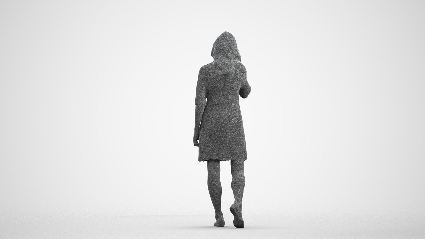 3D human model senior woman casual walking, photogrammetry scanned person for archviz, wireframe front view