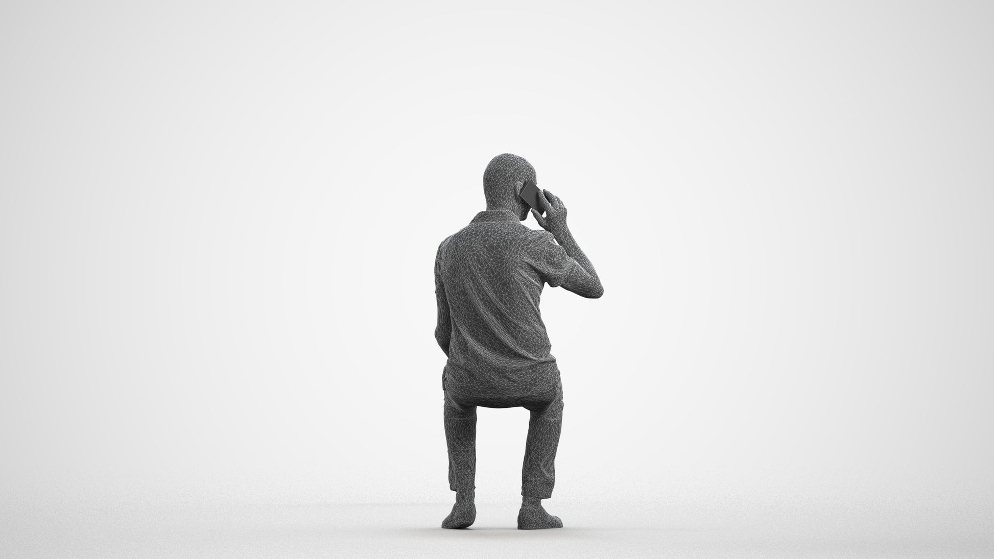 3D scanned senior man sitting casual, photorealistic archviz people for Enscape and SketchUp, wireframe front view