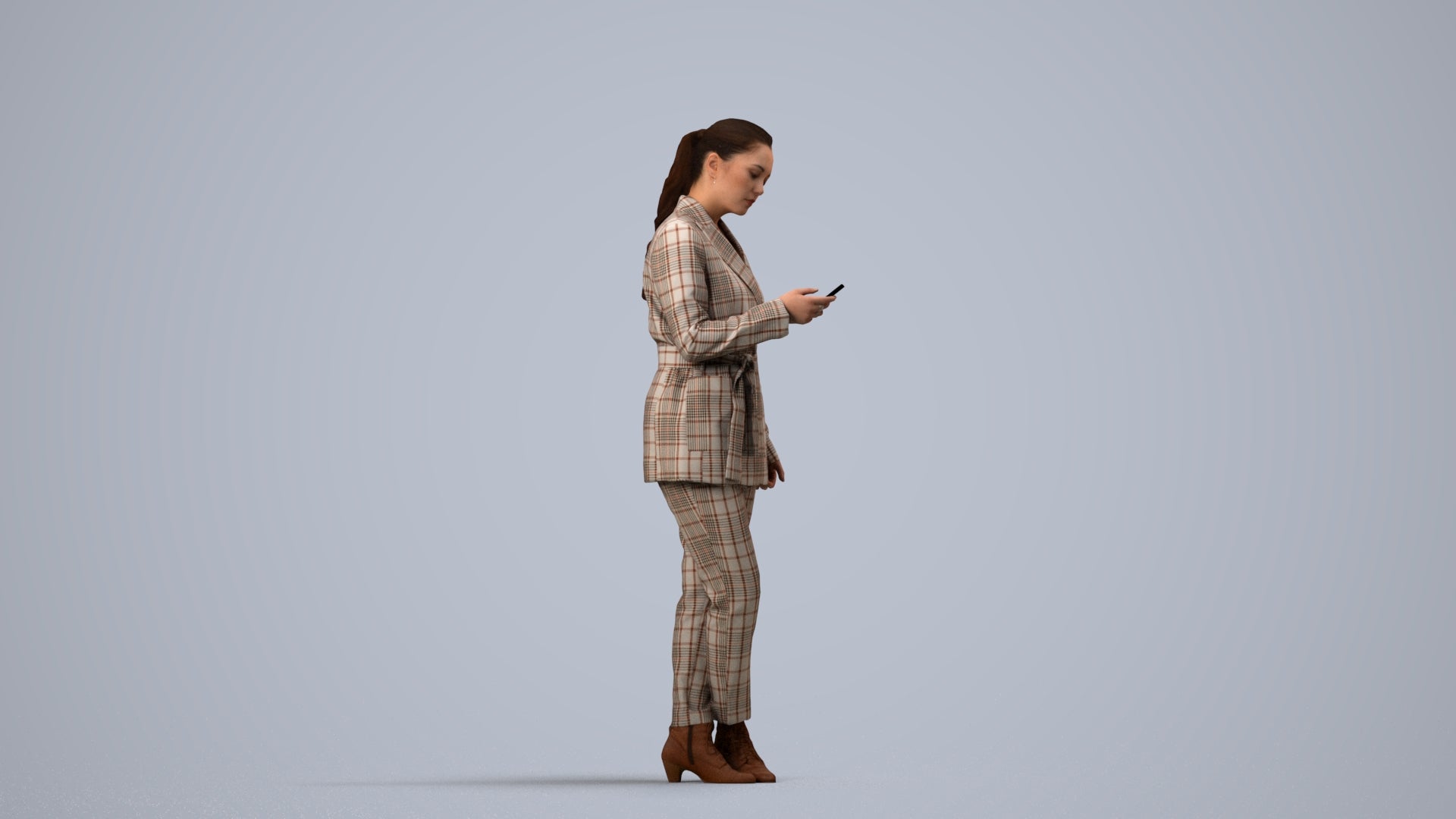 realistic 3D woman business standing, scanned archviz people for Blender and 3ds Max, side view render